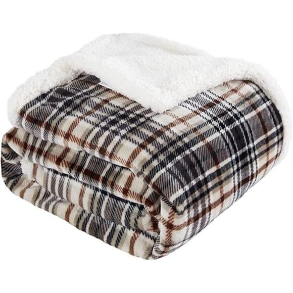 Sherpa Throw Blanket Fleece Flannel Plaid Cozy Soft Warm Twin Size Couch Blanket - Picture 7 of 7